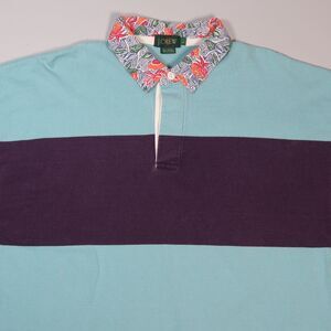 J Crew Oarsman Rugby Shirt Blue Polo Floral Collar Long Sleeve Mens Large